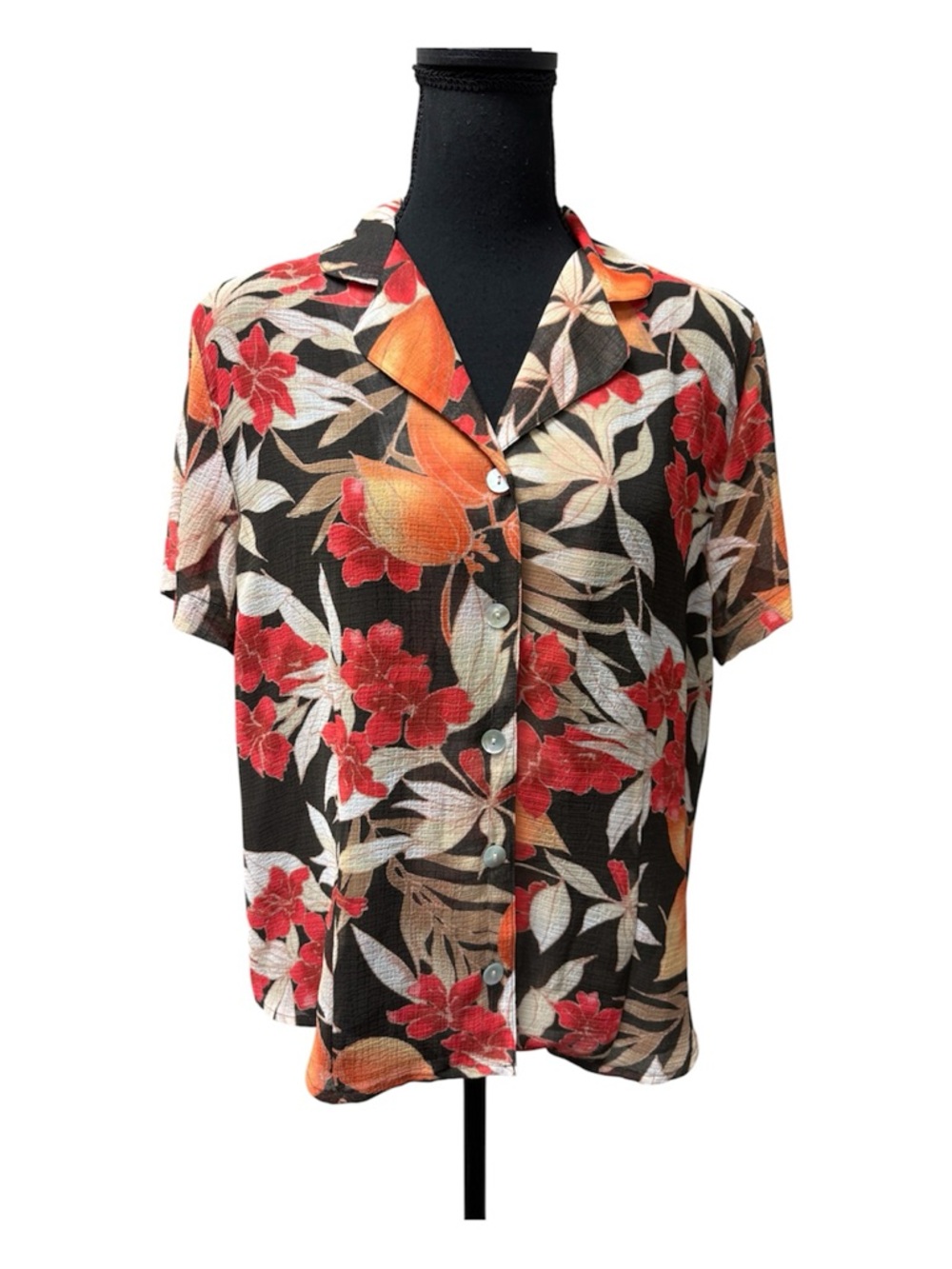 Alfred Dunner Floral Button Front Blouse Brown Orange Tropical Top Sz 12 - Picture 1 of 10